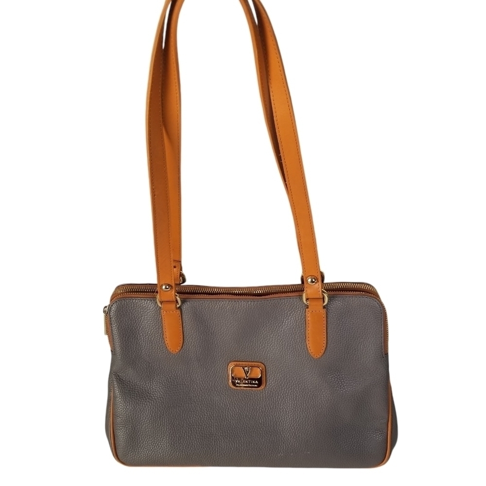 Valentina Italian Gray Double Handled Shoulder Bag Pebbled Leather
